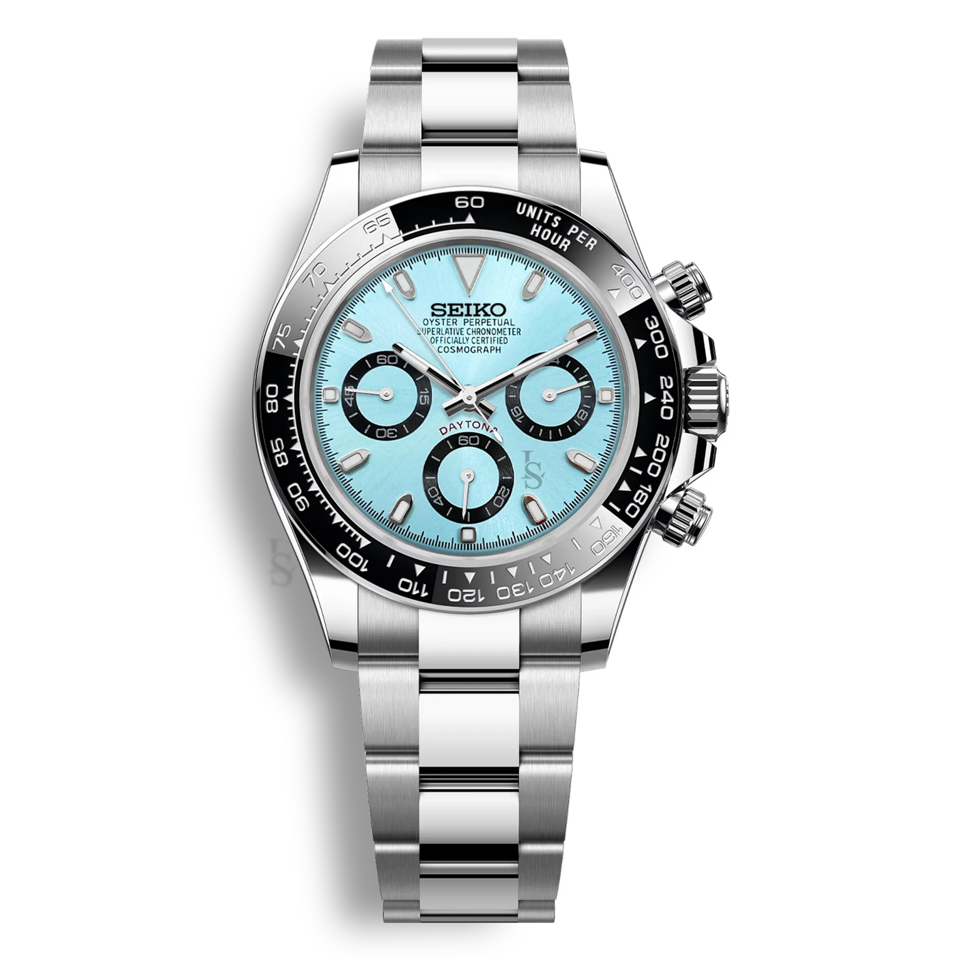 Montre Seiko Mod Daytona cadran bleu clair chronographe mouvement Seiko VK63 boîtier acier 316L