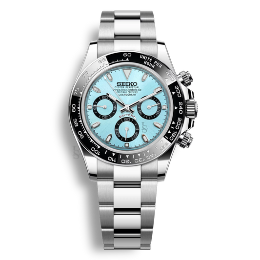 Montre Seiko Mod Daytona cadran bleu clair chronographe mouvement Seiko VK63 boîtier acier 316L