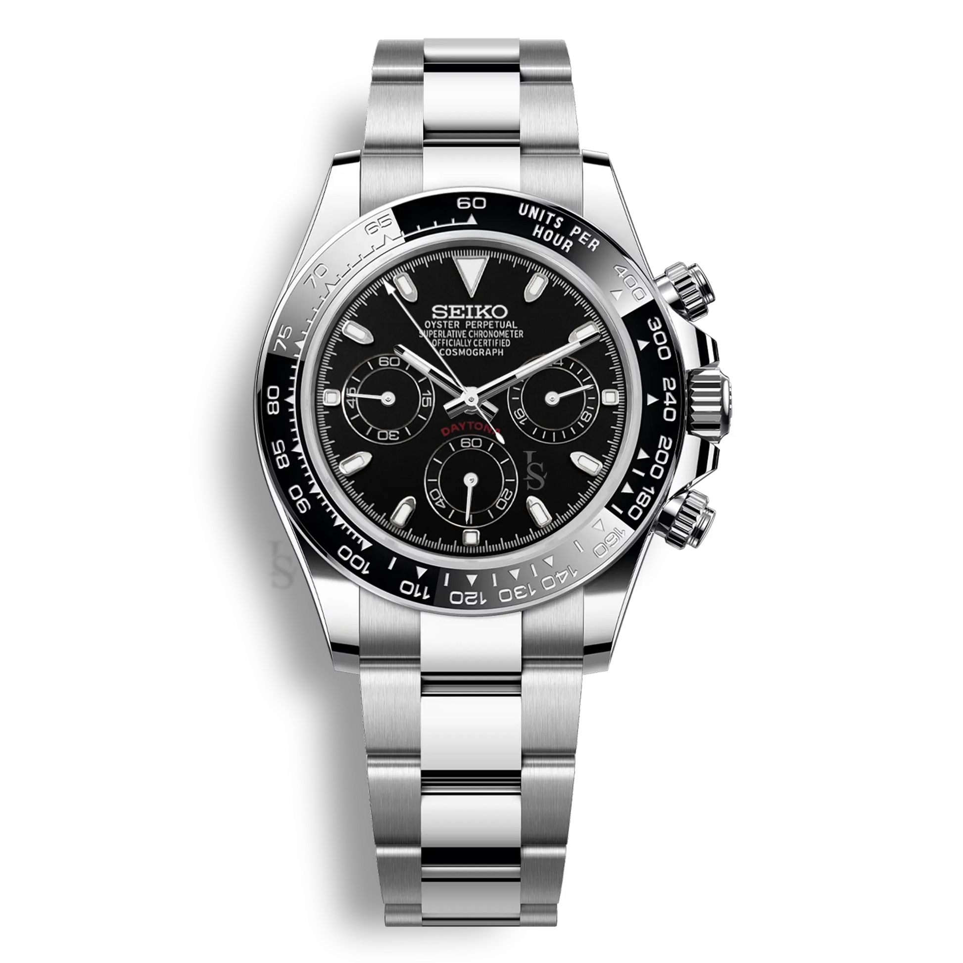 Seiko Mod Daytona cadran noir complet chronographe mouvement Seiko VK63 boîtier acier 316L