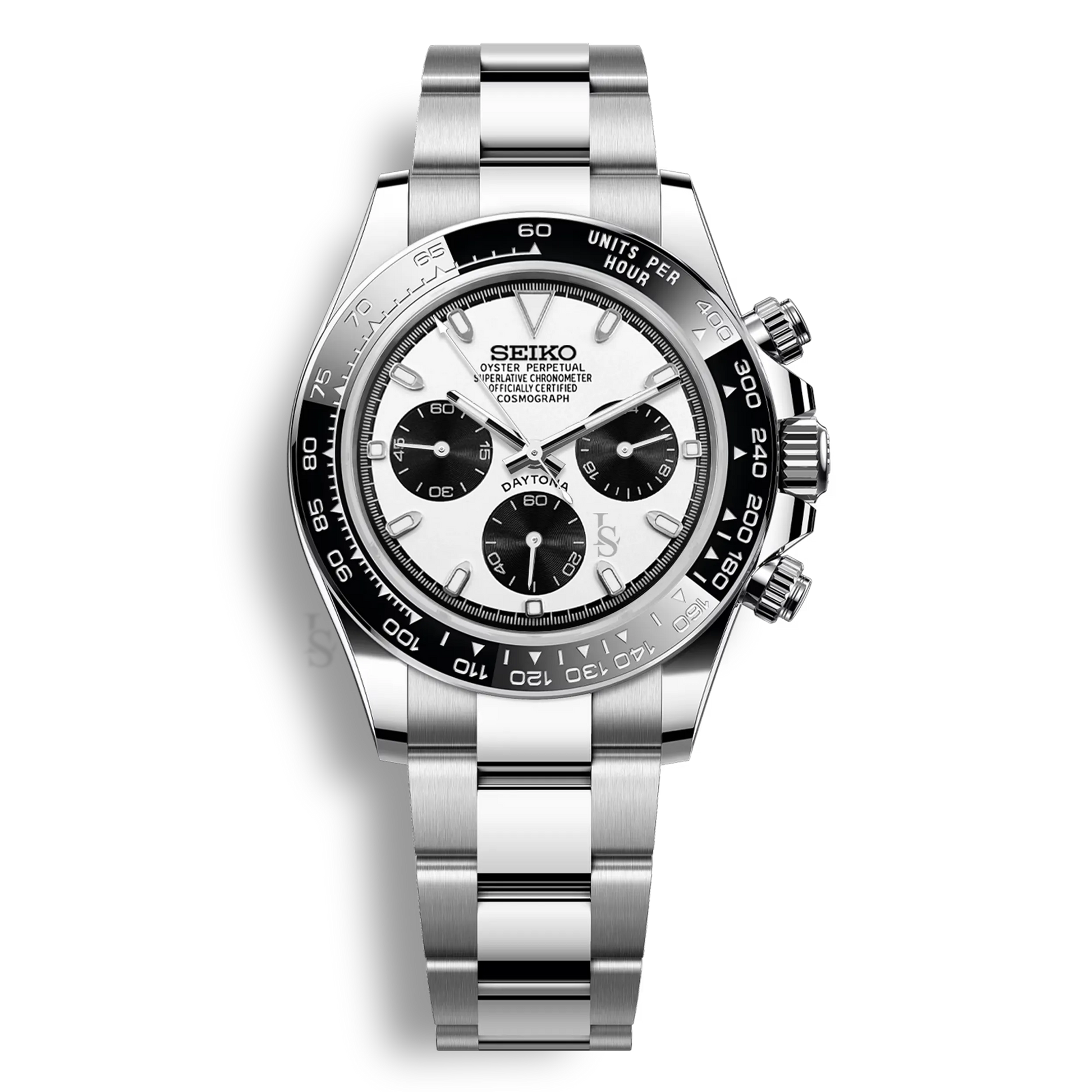 Seiko Mod Daytona cadran noir et blanc chronographe mouvement Seiko VK63 boîtier acier 316L