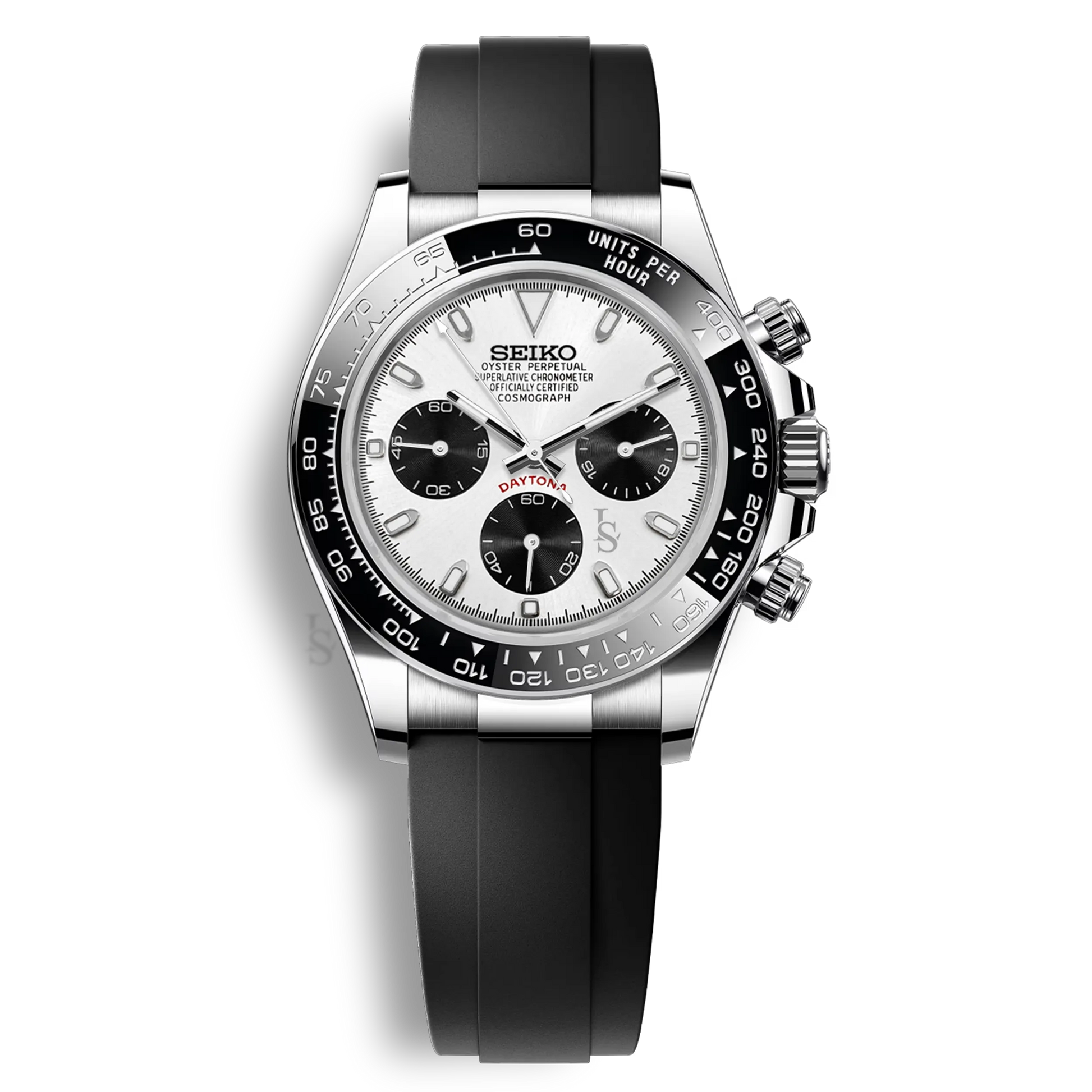 Seiko Mod Daytona Oysterflex cadran blanc chronographe mouvement Seiko VK63 bracelet noir