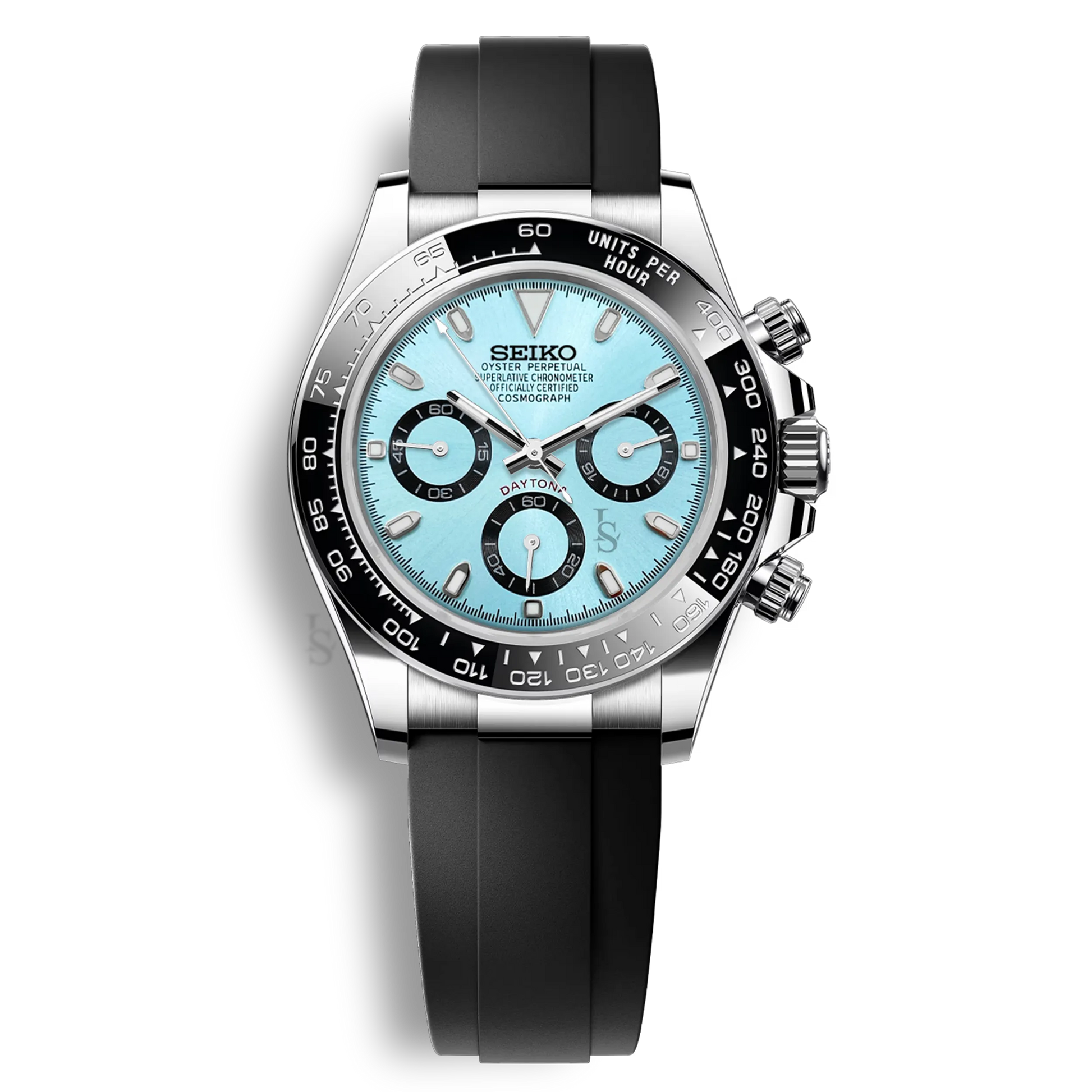 Seiko Mod Daytona Oysterflex cadran bleu clair chronographe Seiko VK63 bracelet noir