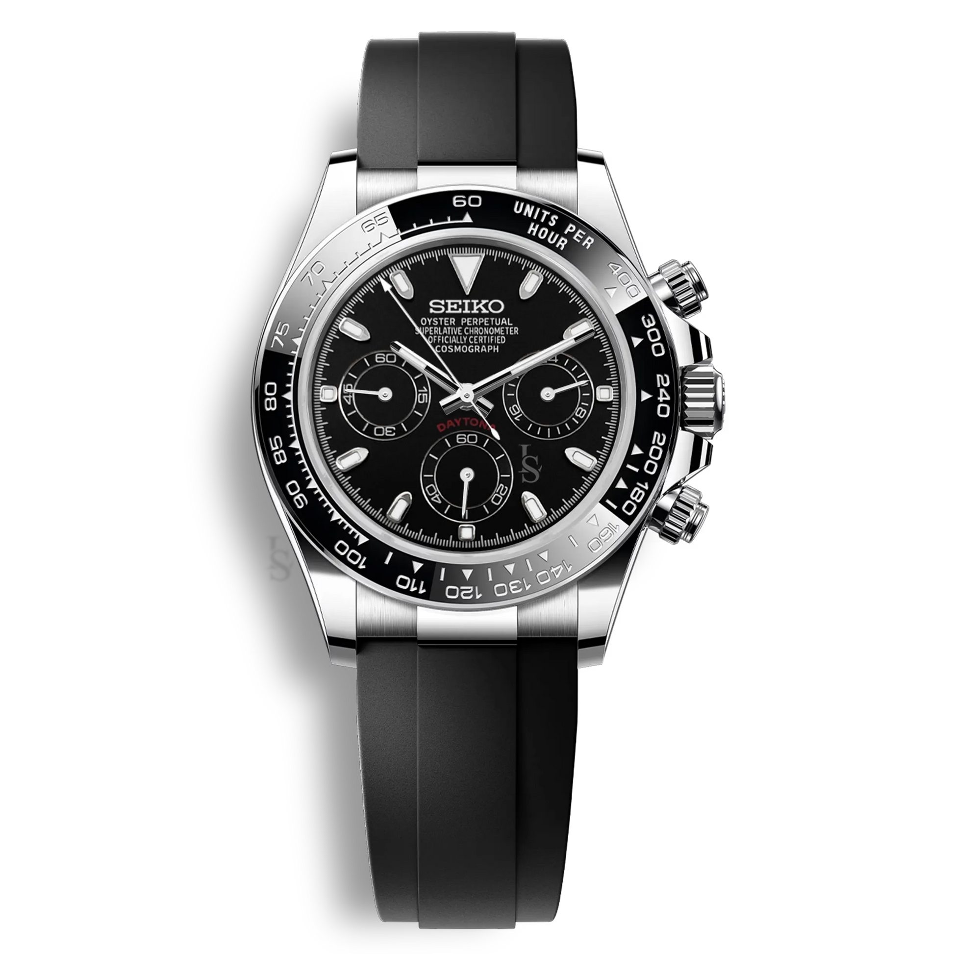 Seiko Mod Daytona Oysterflex cadran noir chronographe lunette tachymétrique bracelet caoutchouc