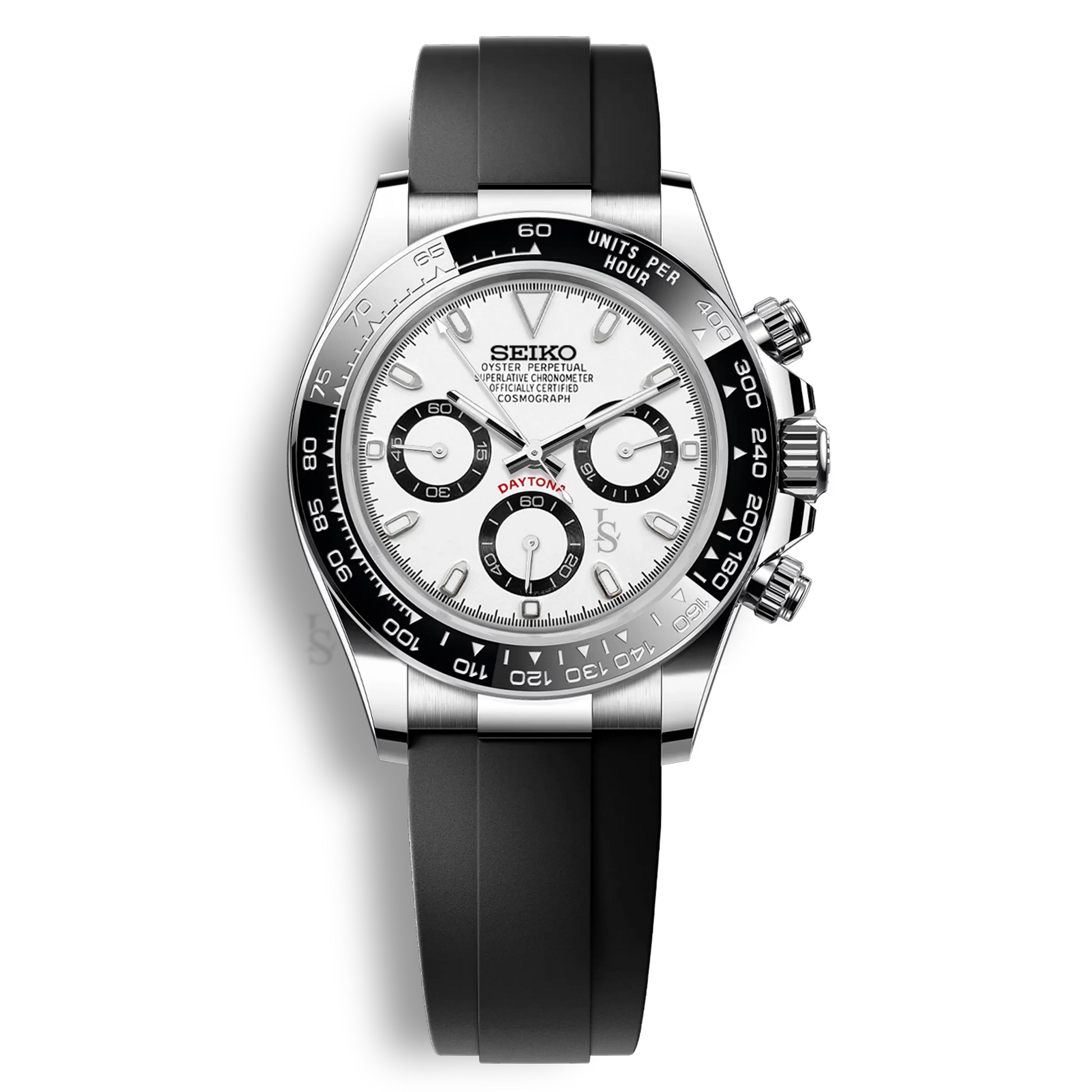 Seiko Mod Daytona Oysterflex cadran panda blanc et noir chronographe mouvement VK63