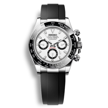 Seiko Mod Daytona Oysterflex cadran panda blanc et noir chronographe mouvement VK63