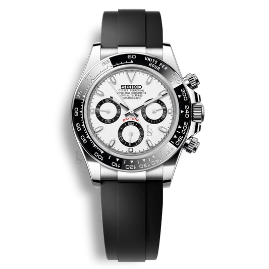 Seiko Mod Daytona Oysterflex cadran panda blanc et noir chronographe mouvement VK63