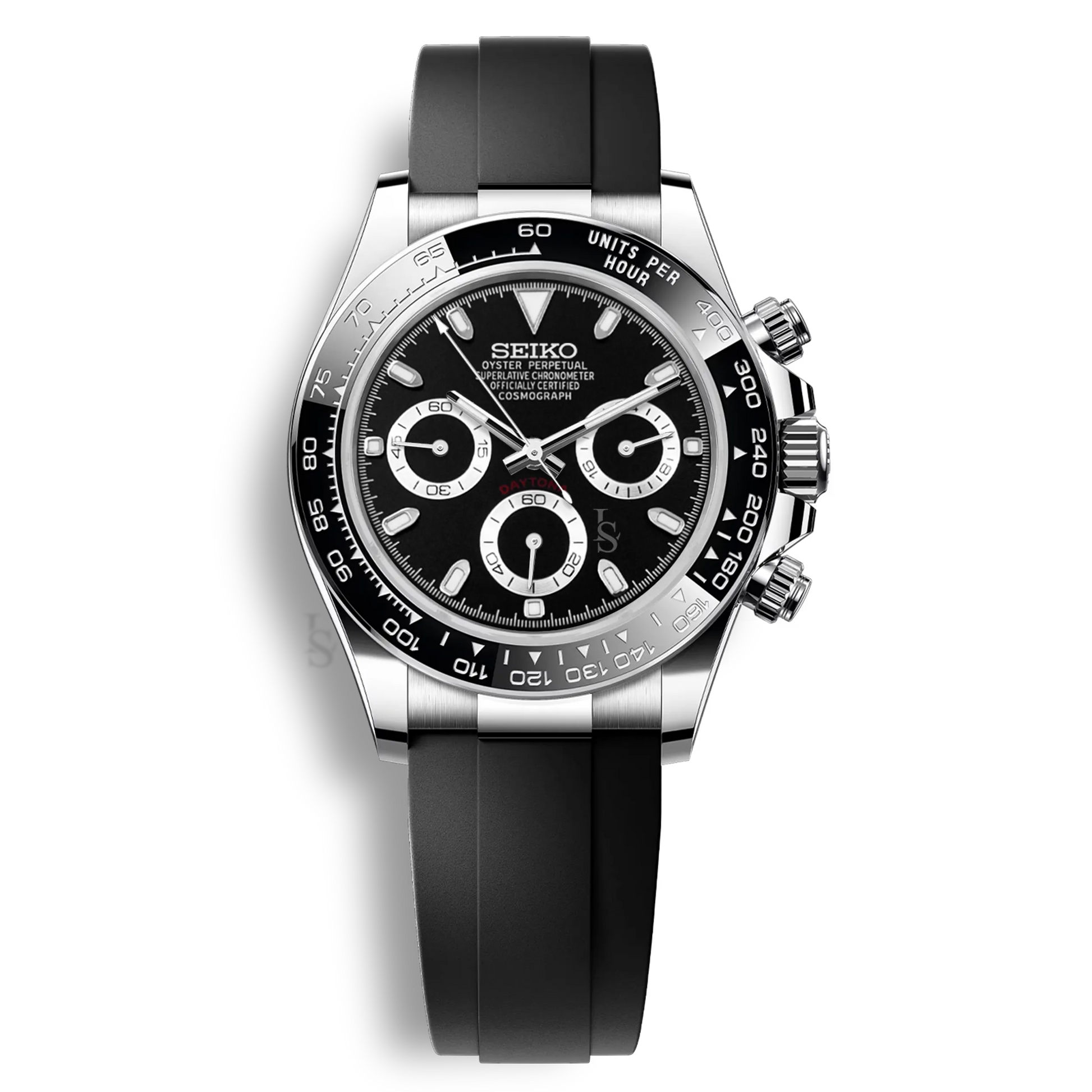 Seiko Mod Daytona Oysterflex cadran reverse panda noir et blanc chronographe VK63