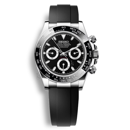 Seiko Mod Daytona Oysterflex cadran reverse panda noir et blanc chronographe VK63