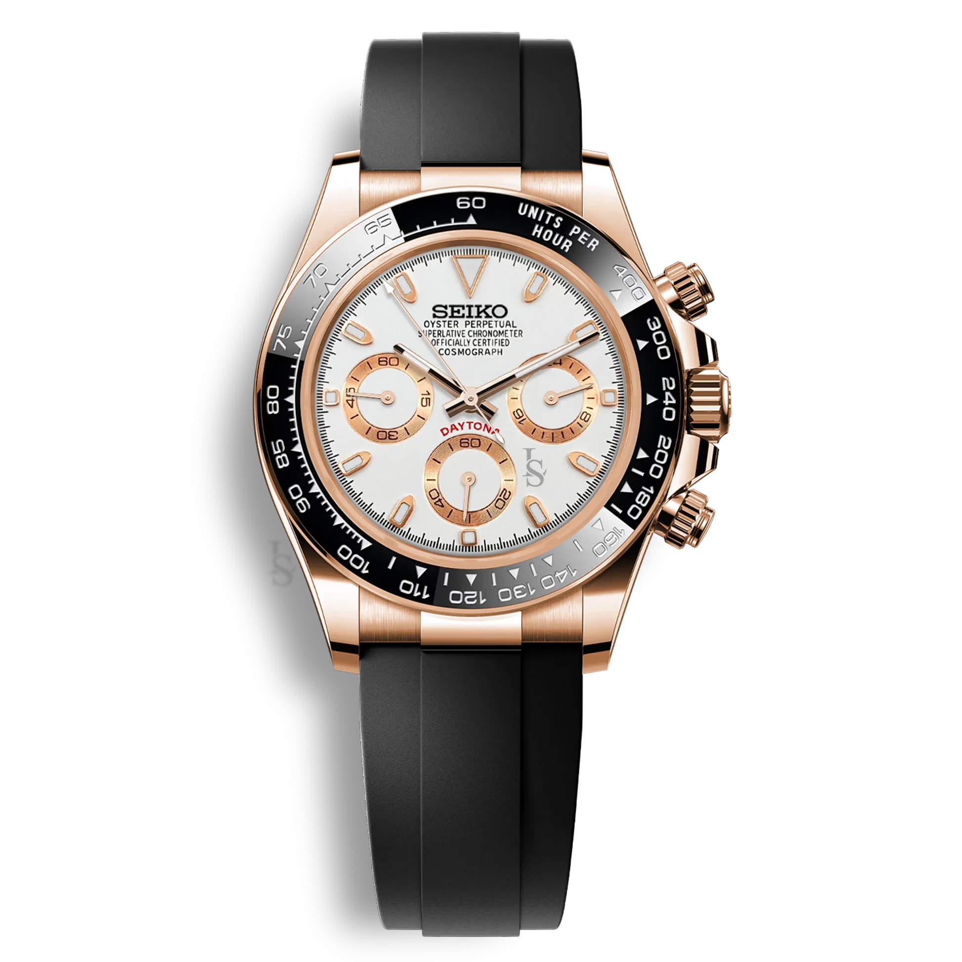 Montre Seiko Mod Daytona or rose cadran blanc chronographe mouvement Seiko VK63 bracelet noir