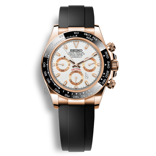Montre Seiko Mod Daytona or rose cadran blanc chronographe mouvement Seiko VK63 bracelet noir