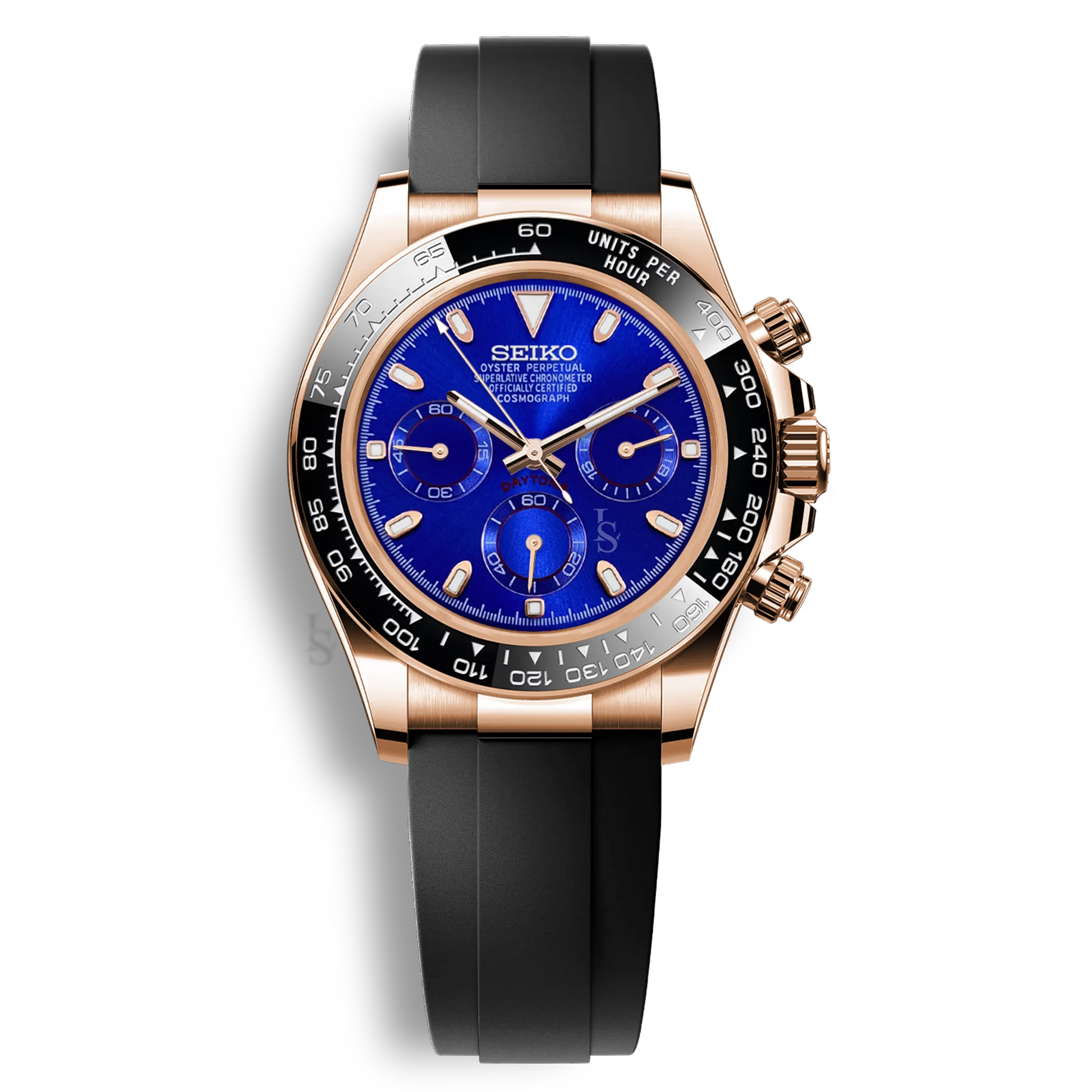 Montre Seiko Mod Daytona or rose cadran bleu chronographe mouvement Seiko VK63 bracelet noir
