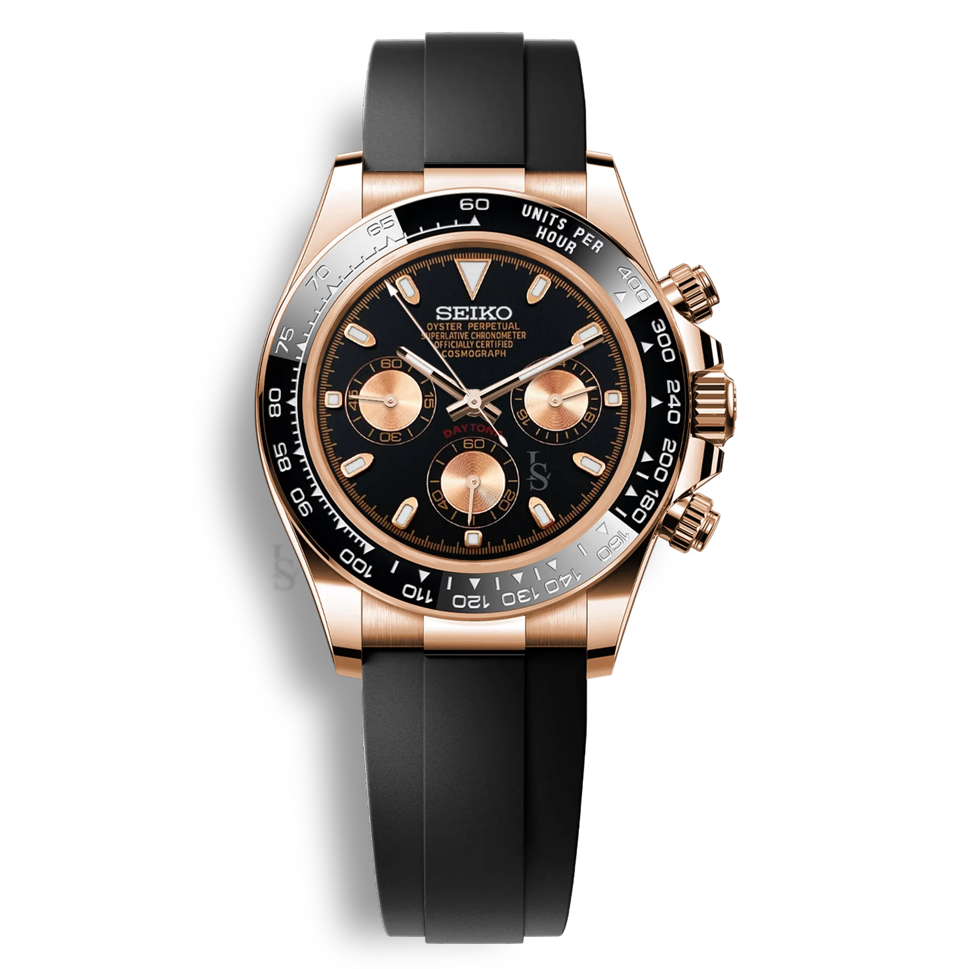 Seiko Mod Daytona or rose cadran noir & or rose chronographe lunette tachymétrique bracelet noir