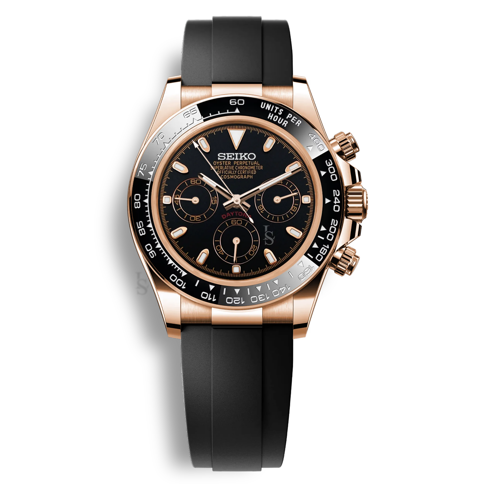 Seiko Mod Daytona or rose cadran noir complet chronographe Seiko VK63 bracelet noir