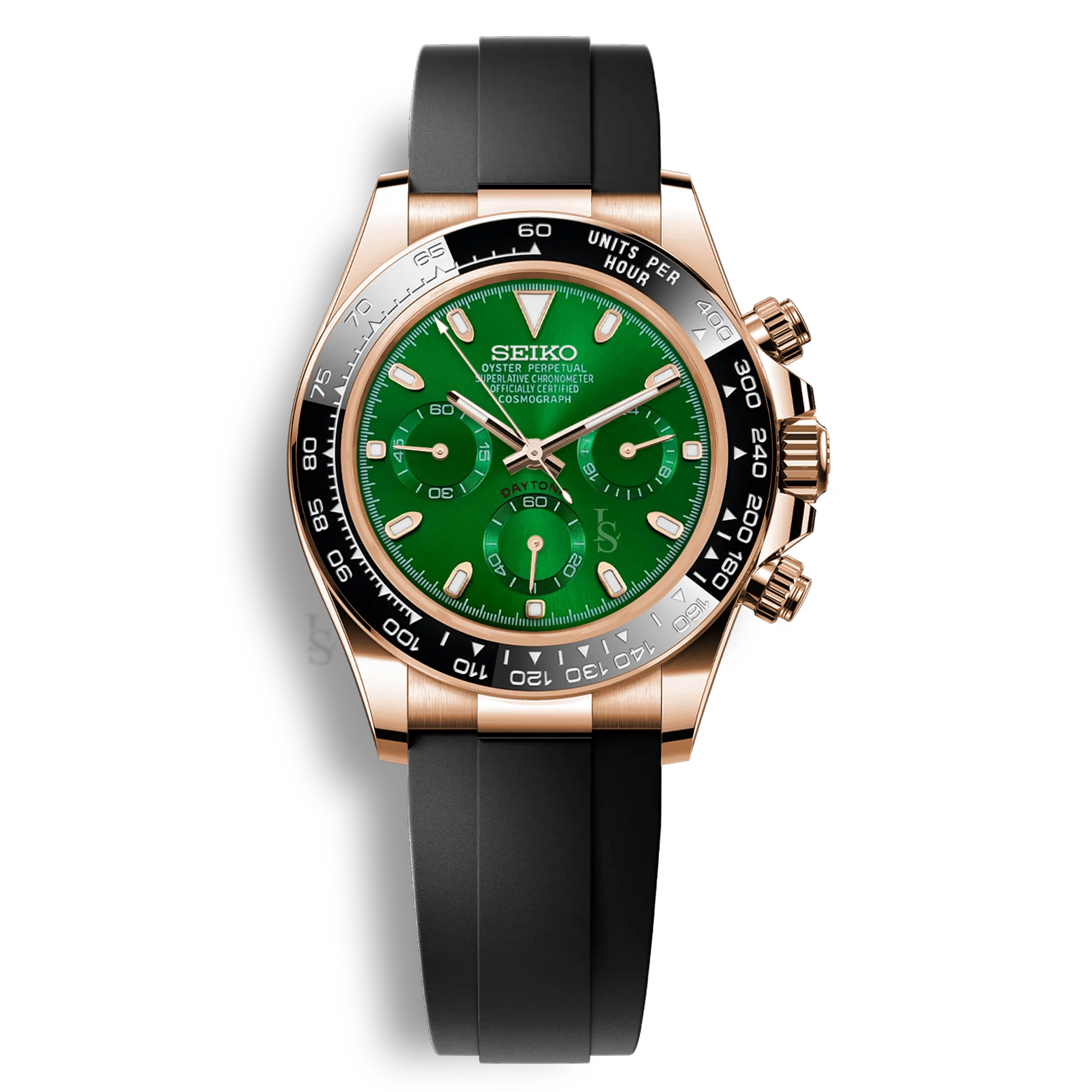 Seiko Mod Daytona or rose cadran vert chronographe mouvement Seiko VK63 bracelet noir