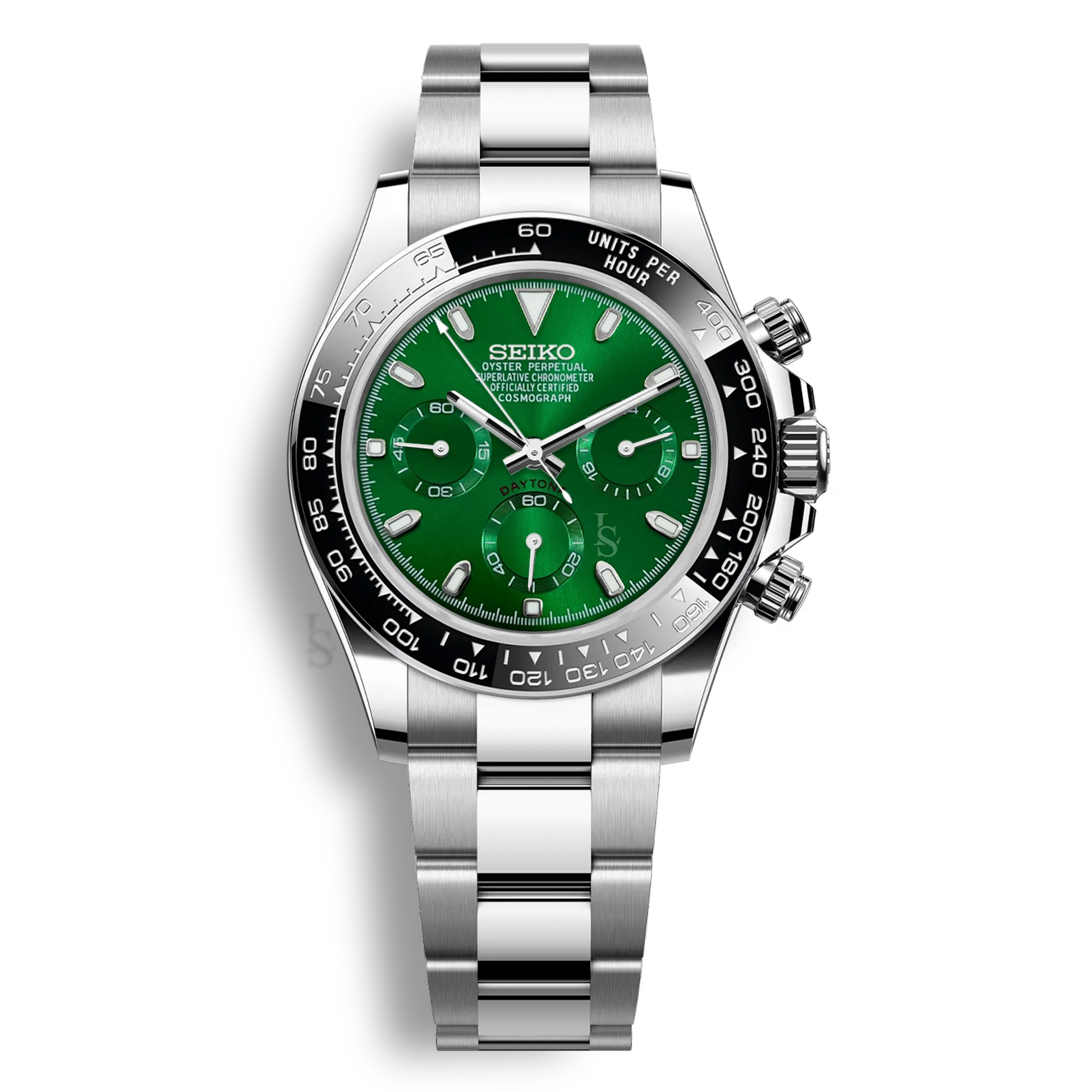 Seiko Mod Daytona cadran vert chronographe mouvement Seiko VK63 boîtier acier 316L