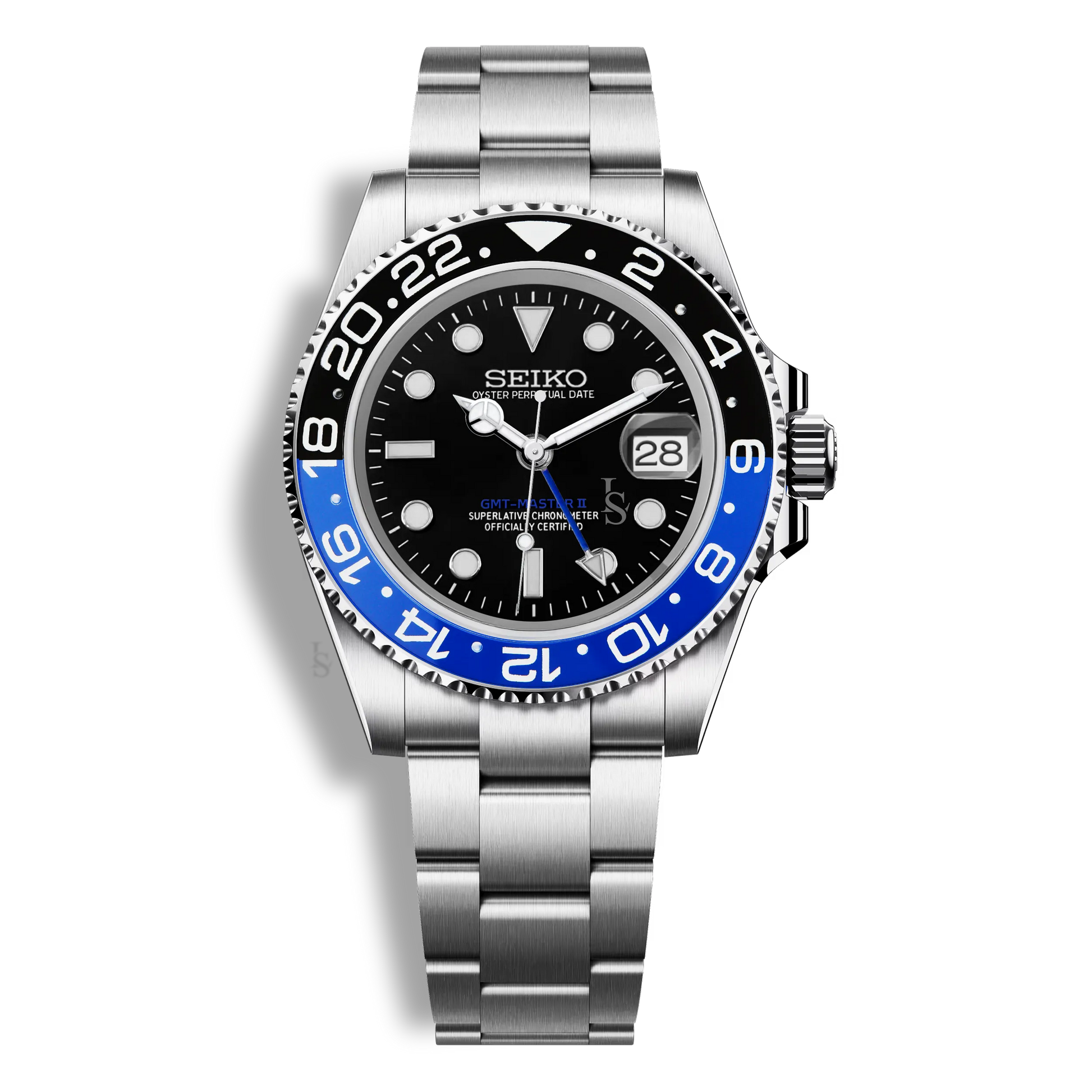 Montre Seiko Mod GMT Master II Batman, mouvement automatique NH34, lunette bicolore noire et bleue et verre saphir inrayable