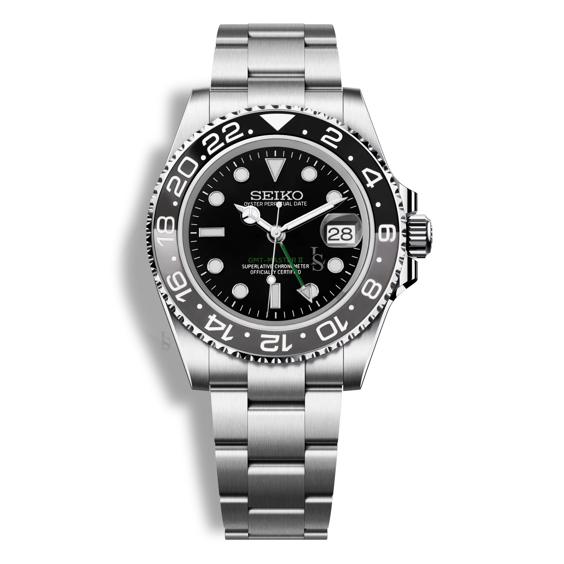 Montre Seiko Mod GMT Master II Bruce Wayne, mouvement NH34, lunette noire et grise et boîtier en acier inoxydable 316L.