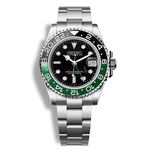 Montre Seiko Mod GMT Master II Hulk automatique NH34, lunette verte et noire en céramique et cadran assorti