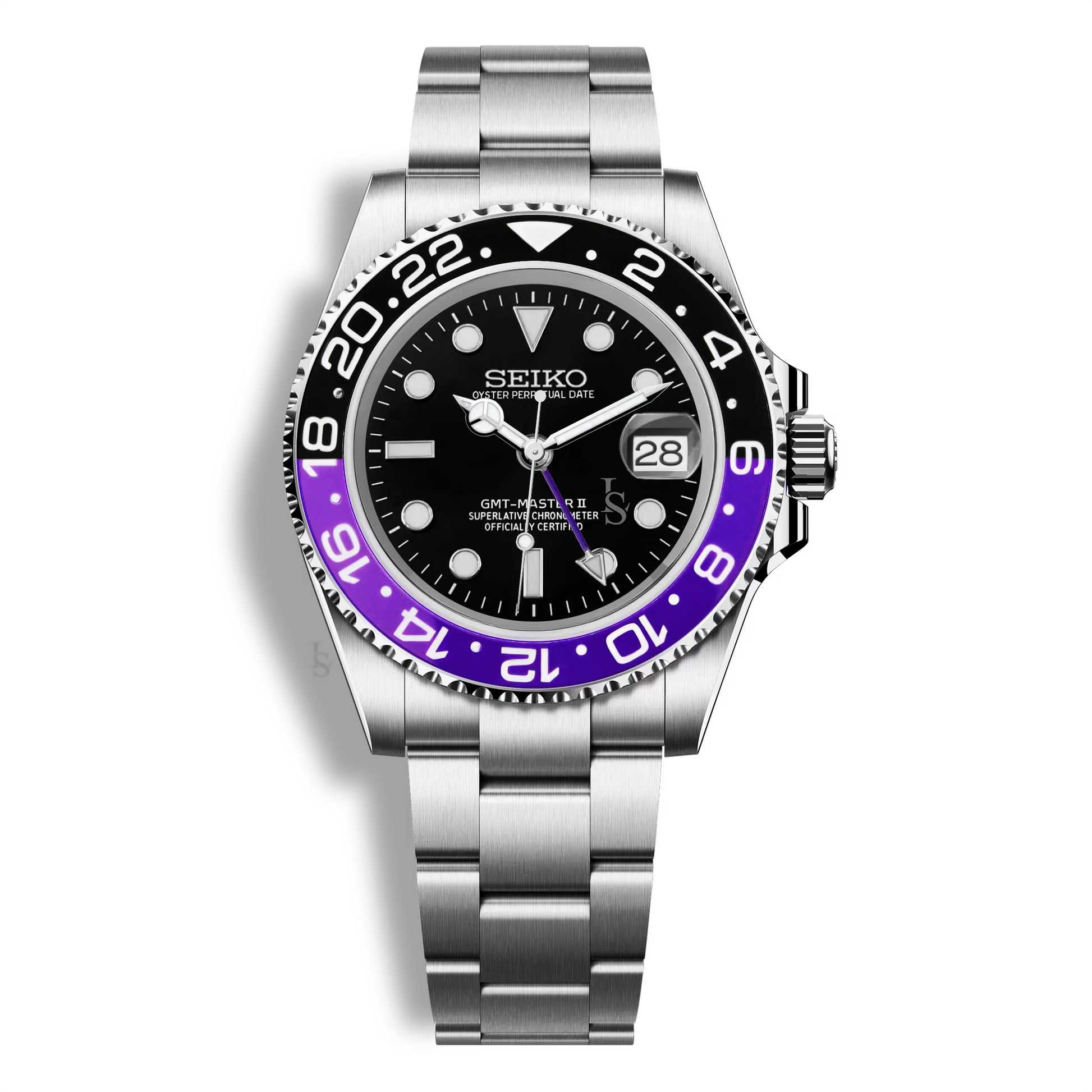 Montre Seiko Mod GMT Master II Joker avec mouvement NH34, lunette violette et noire et verre saphir
