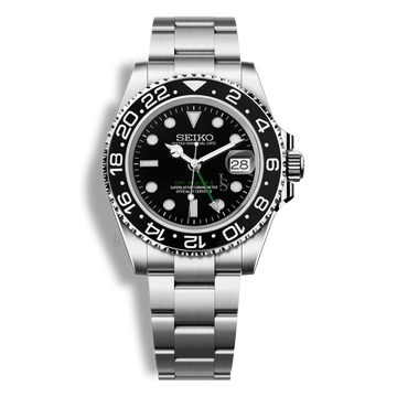Montre Seiko Mod GMT Master II noire, mouvement automatique NH34, boîtier en acier 316L