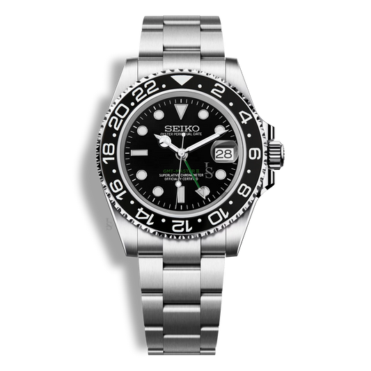 Montre Seiko Mod GMT Master II noire, mouvement automatique NH34, boîtier en acier 316L