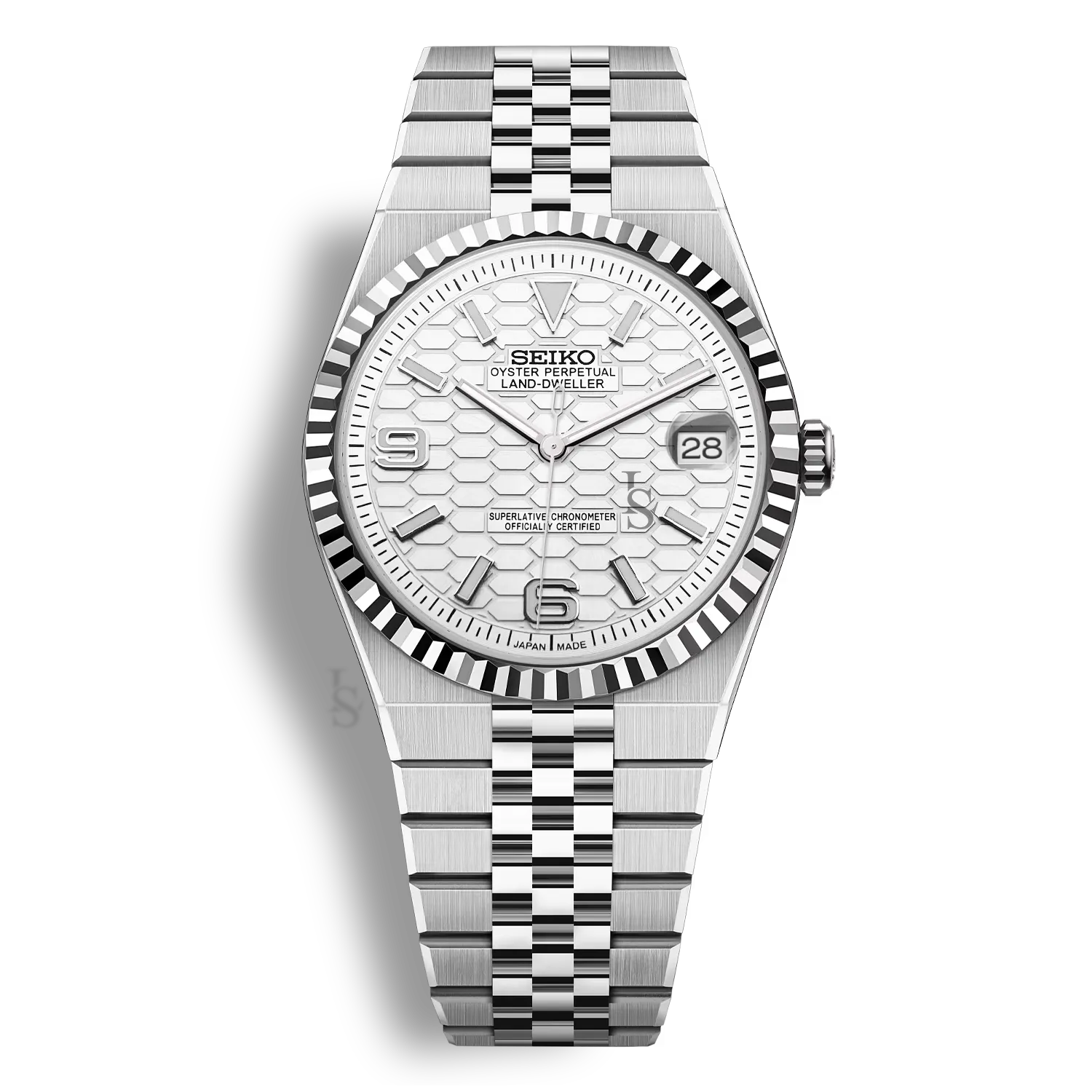 Montre Seiko Mod Land Dweller cadran blanc, bracelet Flat Jubilee poli-brossé et boîtier en acier inoxydable 39,5mm