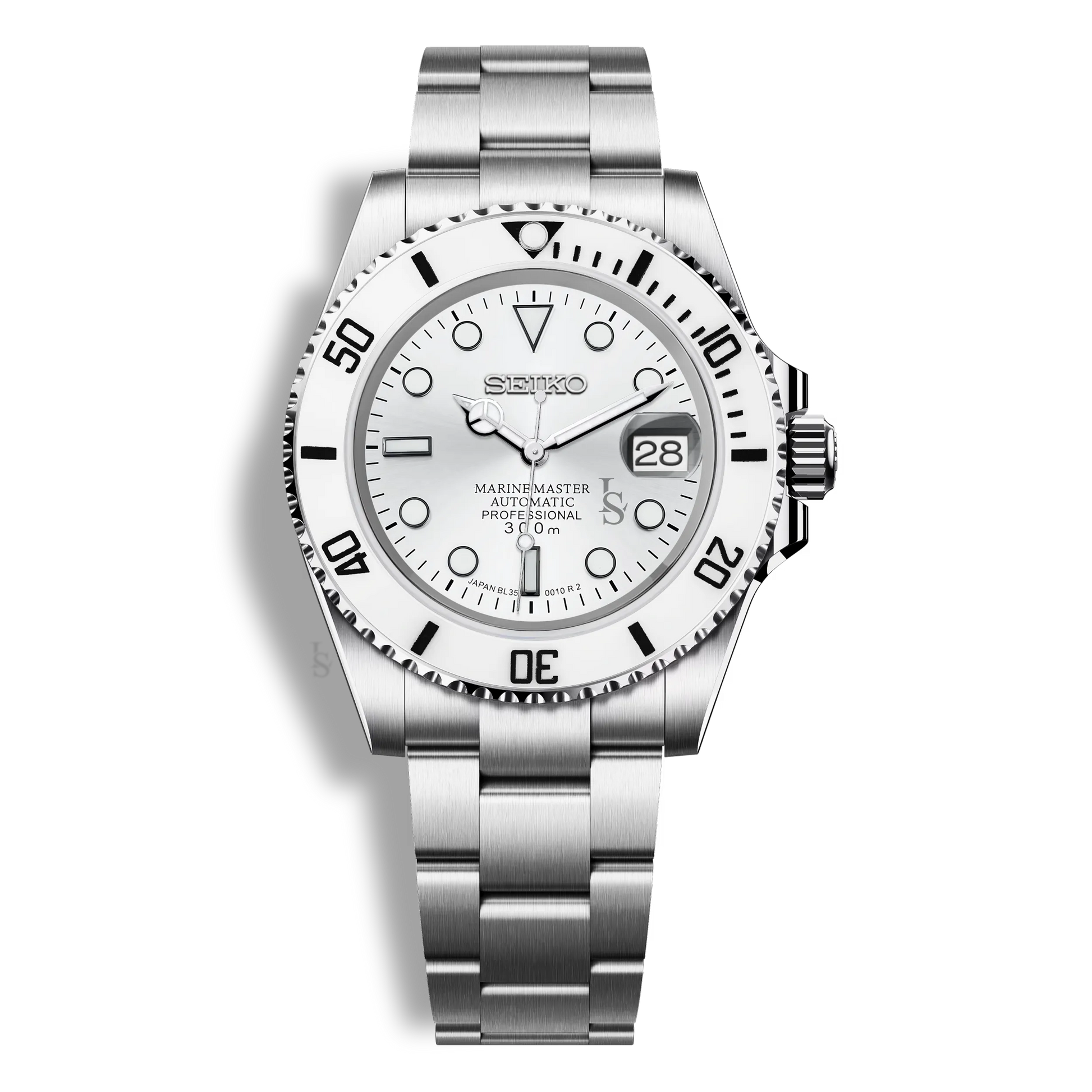 Montre Seiko Mod Marine Master blanche, boîtie en acier inoxydable 316L, verre saphir et mouvement automatique Seiko NH35