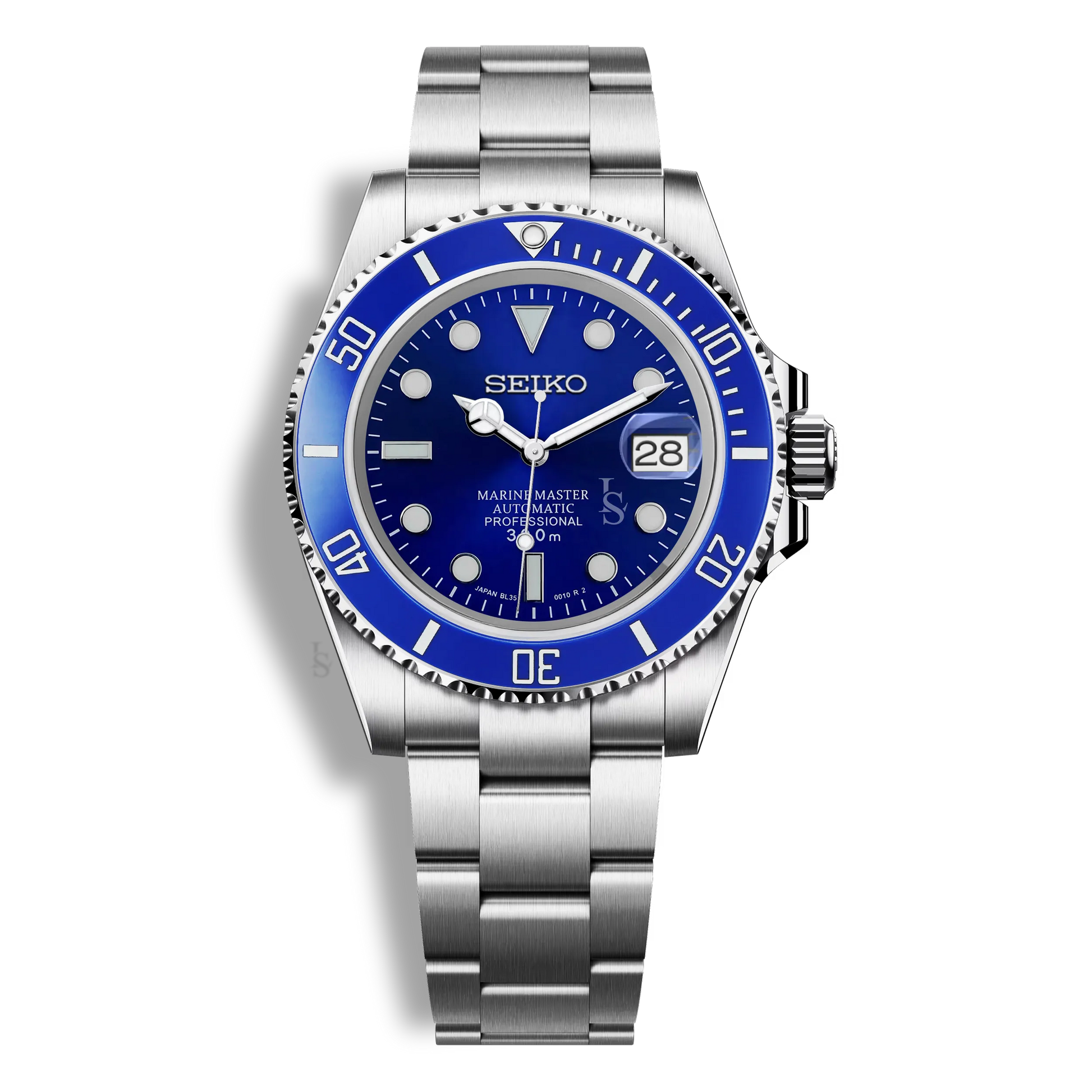 Montre Seiko Mod Marine Master bleue, boîtier 44mm en acier inoxydable 316L, verre saphir inrayable et mouvement automatique Seiko NH35