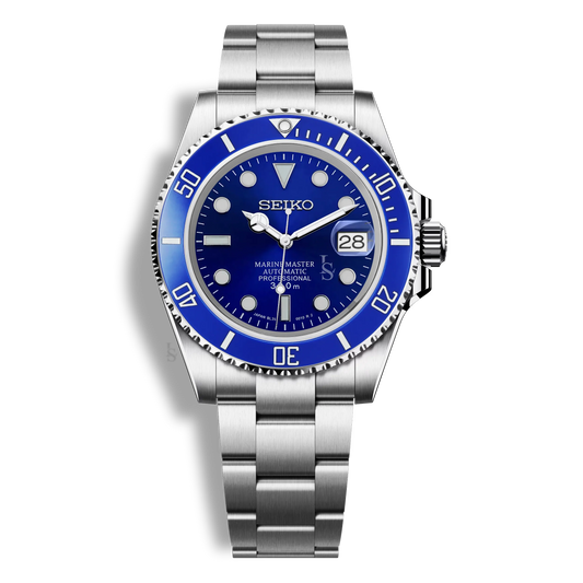 Montre Seiko Mod Marine Master bleue, boîtier 44mm en acier inoxydable 316L, verre saphir inrayable et mouvement automatique Seiko NH35