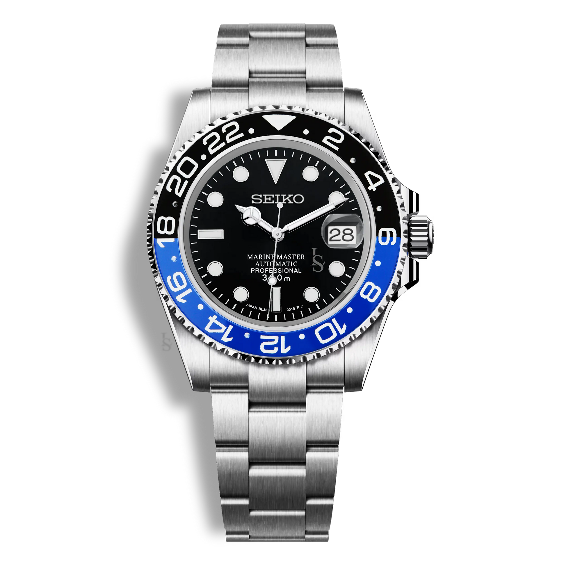 Montre Seiko Mod Marine Master GMT Batman avec lunette bleue et noire, boîtier acier inoxydable 316L, verre saphir et mouvement automatique Seiko NH35
