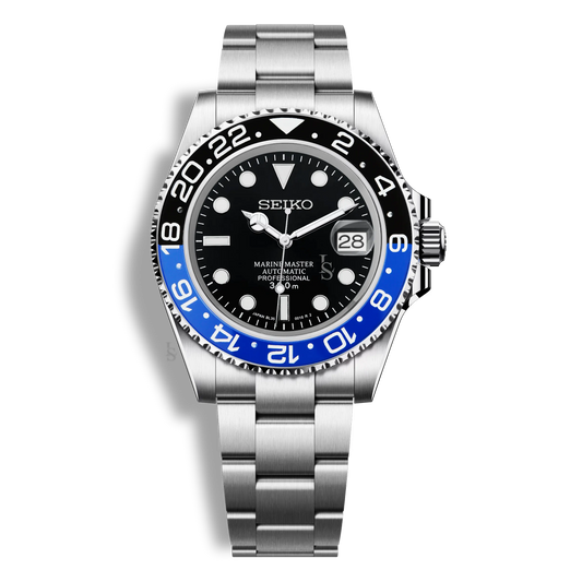 Montre Seiko Mod Marine Master GMT Batman avec lunette bleue et noire, boîtier acier inoxydable 316L, verre saphir et mouvement automatique Seiko NH35