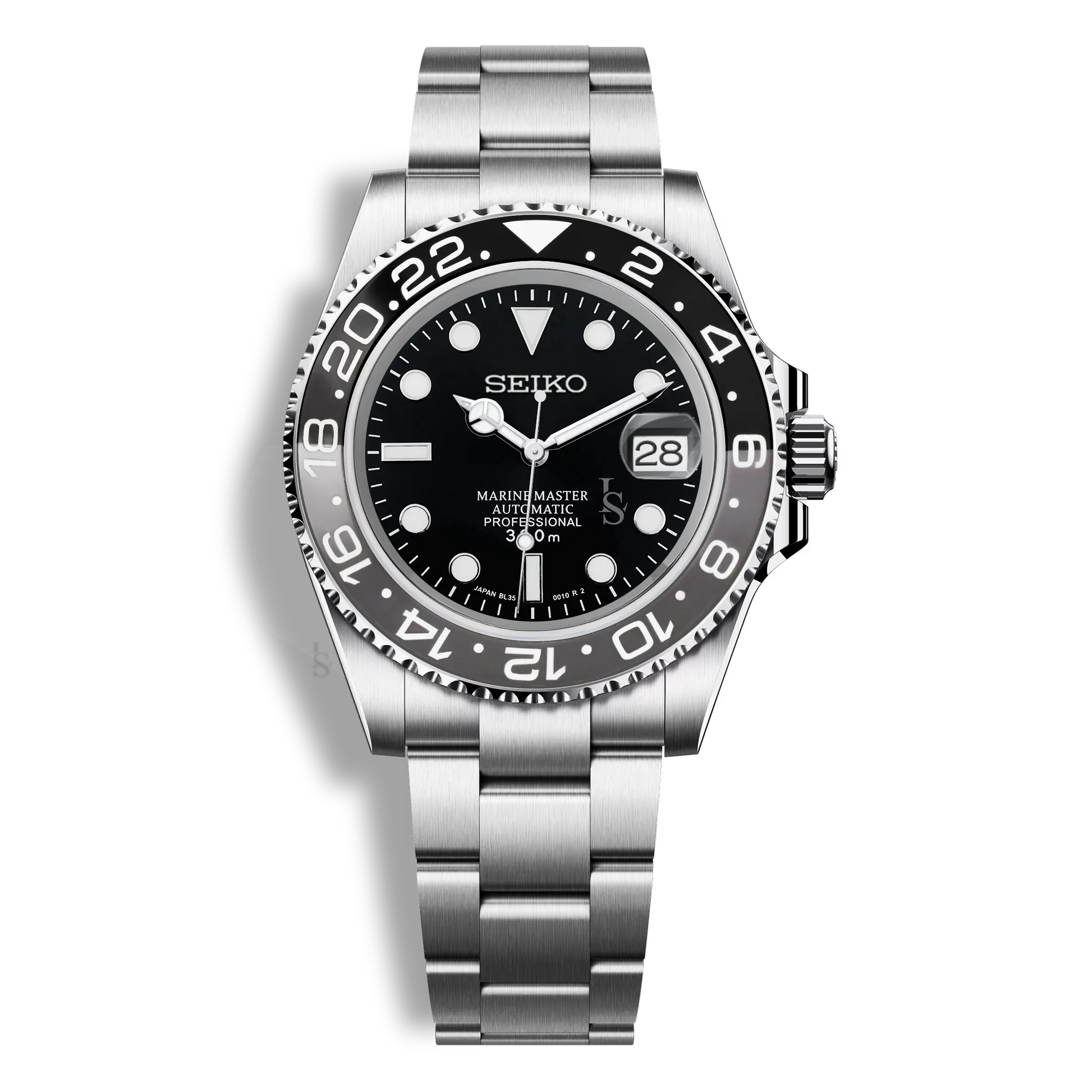 Montre Seiko Mod Marine Master GMT Bruce Wayne avec lunette grise et noire, boîtier 42mm en acier inoxydable 316L et fond de boîtier transparent