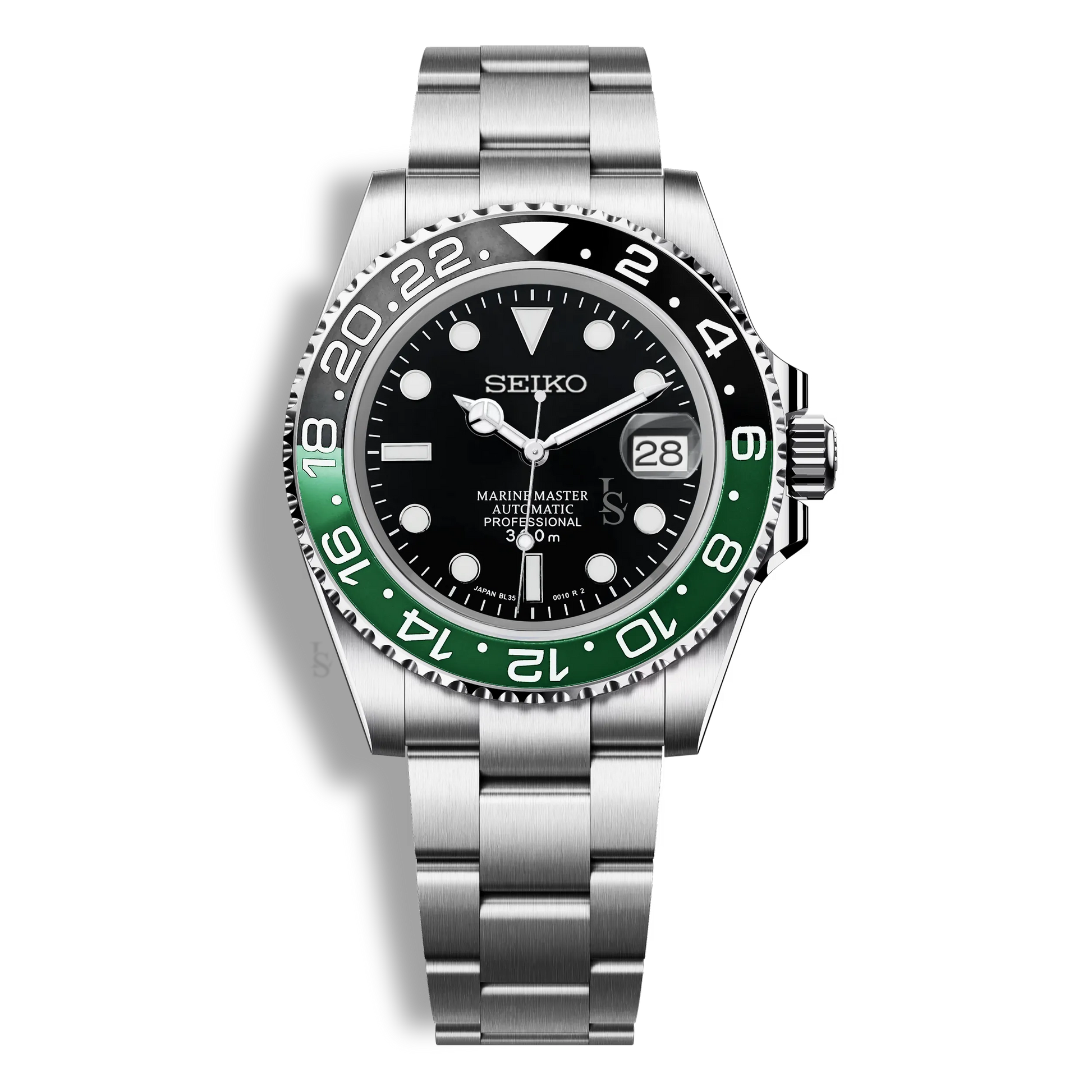 Montre Seiko Mod Marine Master GMT Hulk avec lunette verte et noire, cadran luminescent et mouvement automatique Seiko NH35