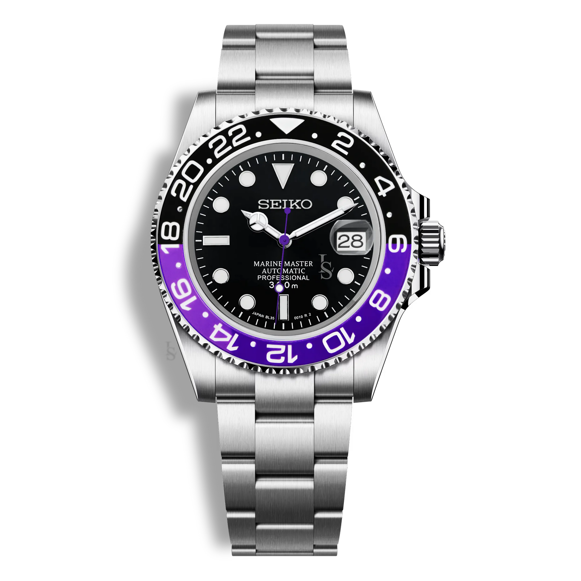 Montre Seiko Mod Marine Master GMT Joker avec lunette violette et noire, boîtier acier inoxydable 316L et verre saphir inrayable