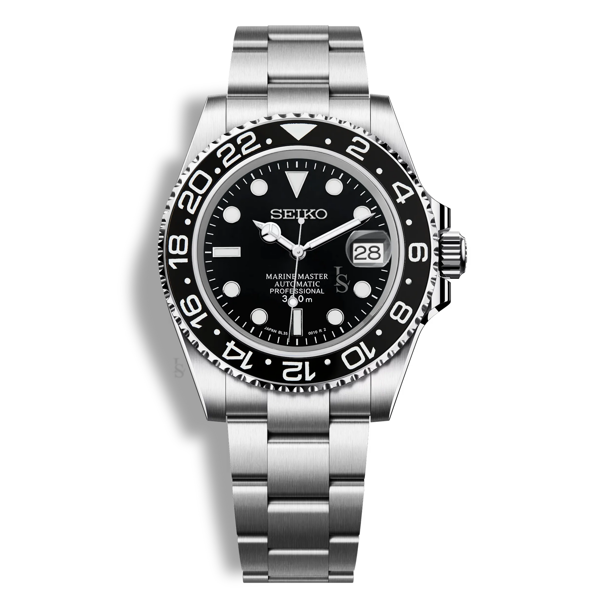 Montre Seiko Mod Marine Master GMT noire équipée du mouvement automatique Seiko NH35, fond transparent et lunette GMT noire