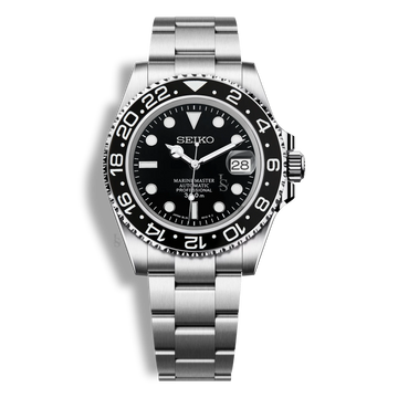 Montre Seiko Mod Marine Master GMT noire équipée du mouvement automatique Seiko NH35, fond transparent et lunette GMT noire