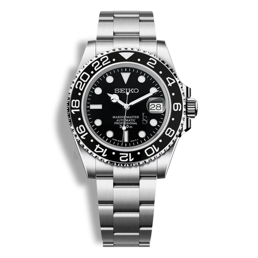 Montre Seiko Mod Marine Master GMT noire équipée du mouvement automatique Seiko NH35, fond transparent et lunette GMT noire