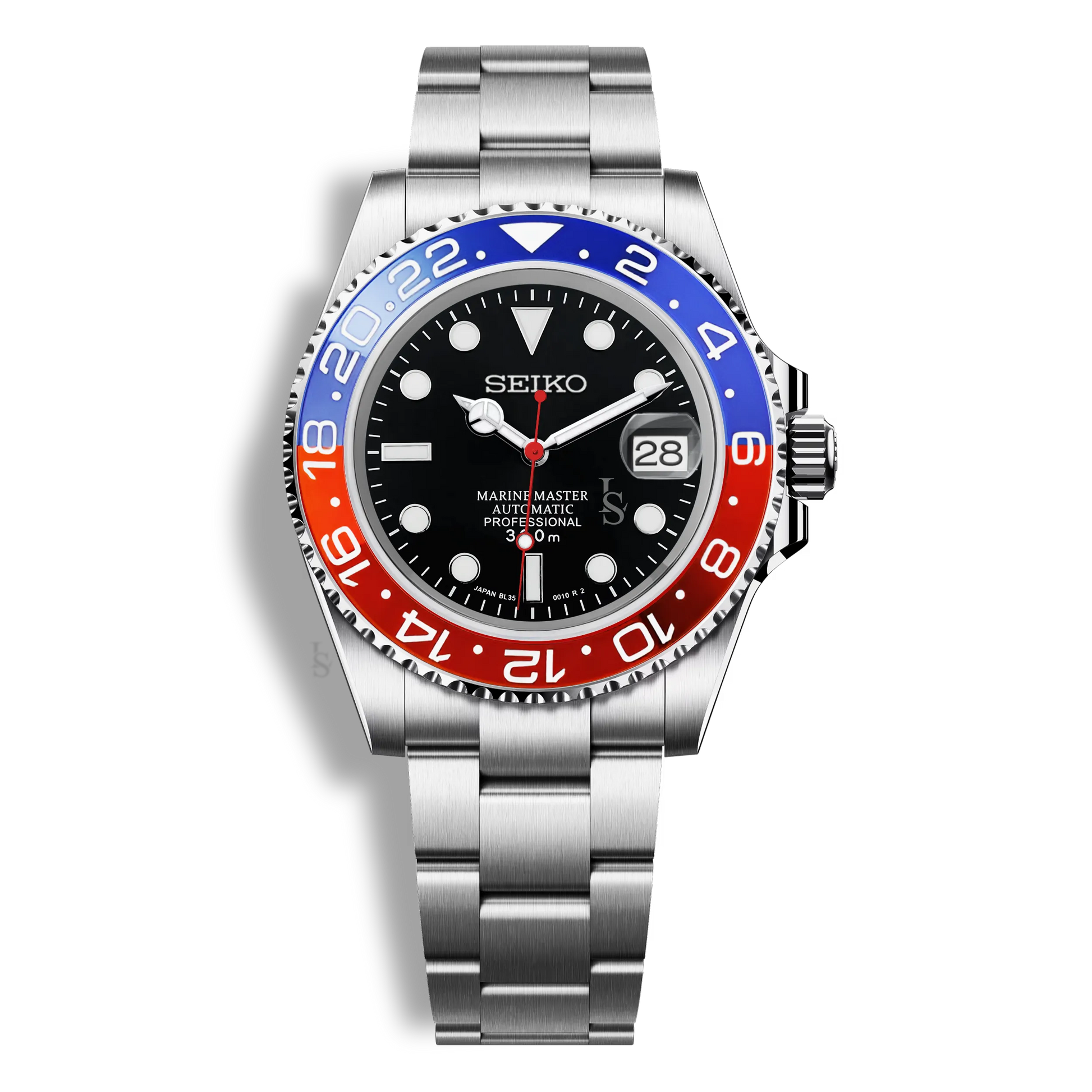 Montre Seiko Mod Marine Master GMT Pepsi avec lunette bleue et rouge, bracelet en acier inoxydable 316L et verre saphir inrayable