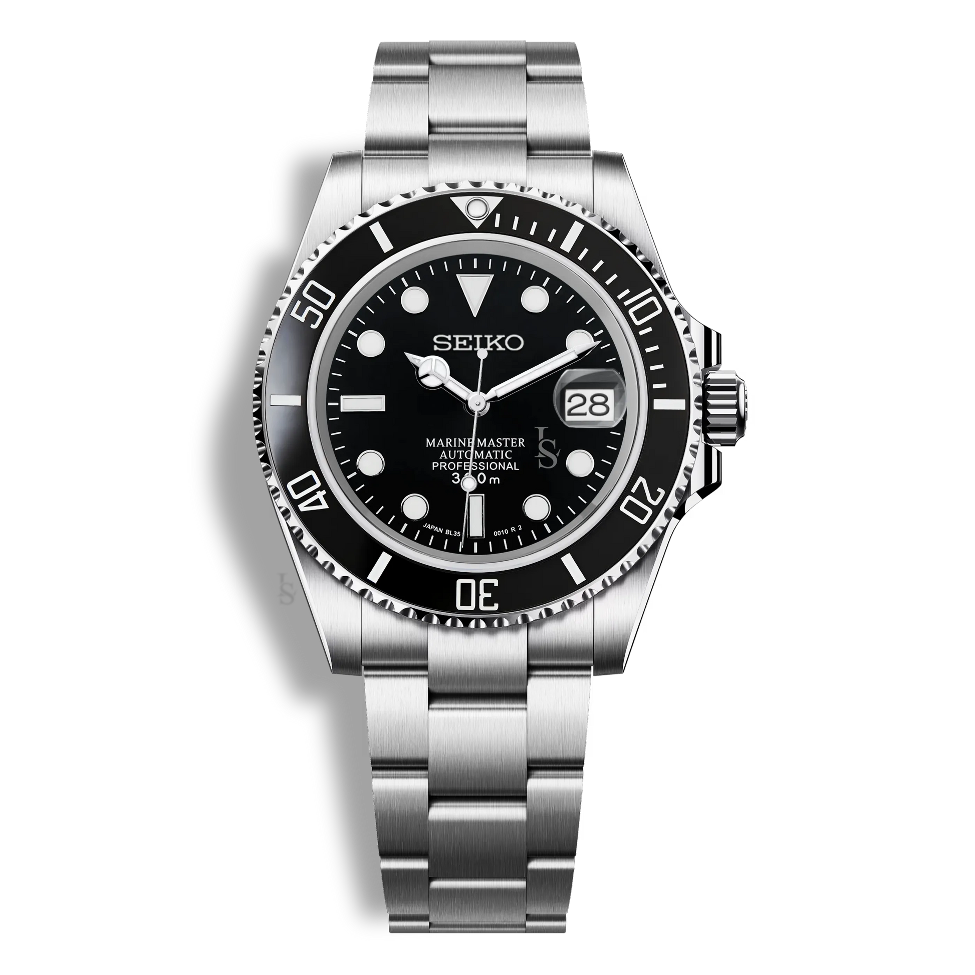 Montre Seiko Mod Marine Master noire, cadran luminescent, fond de boîtier transparent et mouvement automatique Seiko NH35