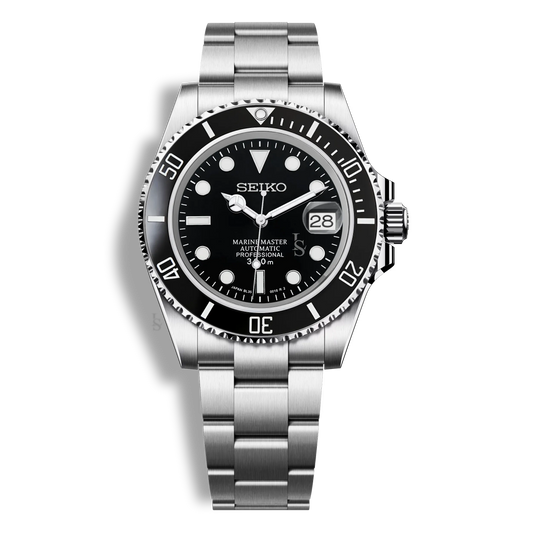 Montre Seiko Mod Marine Master noire, cadran luminescent, fond de boîtier transparent et mouvement automatique Seiko NH35