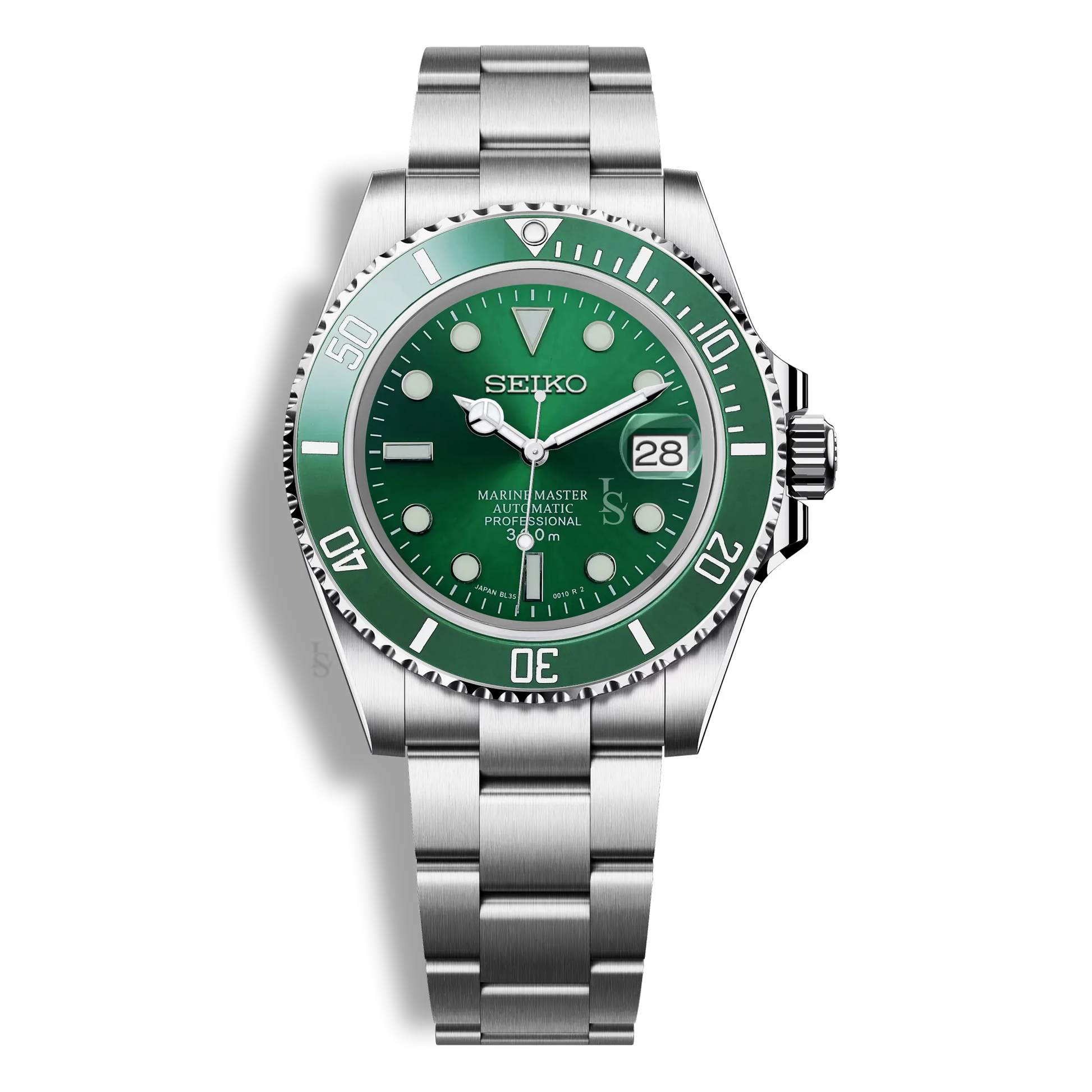 Montre Seiko Mod Marine Master verte, boîtier acier inoxydable 316L, cadran lumineux et mouvement automatique Seiko NH35