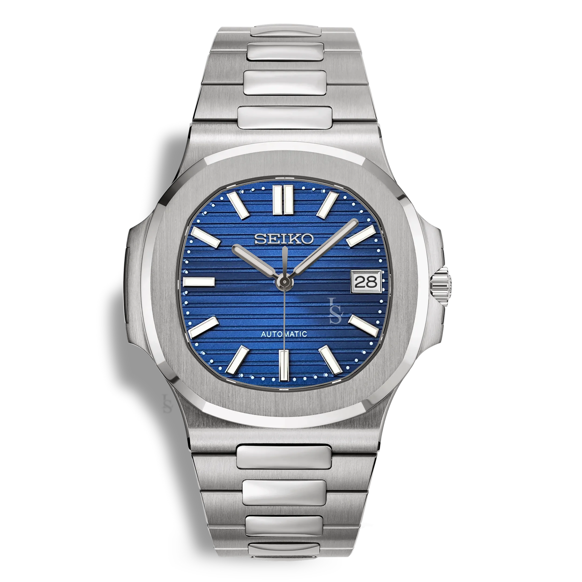 Montre Seiko Mod Nautilus bleue équipée du mouvement automatique Seiko NH35 et d’un bracelet intégré en acier