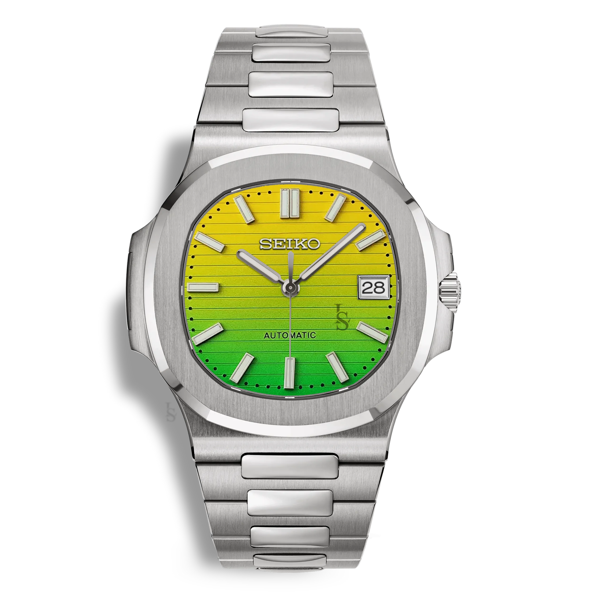 Montre Seiko Mod Nautilus cadran jaune vert (mangue), boîtier 41mm en acier inoxydable 316L et verre saphir