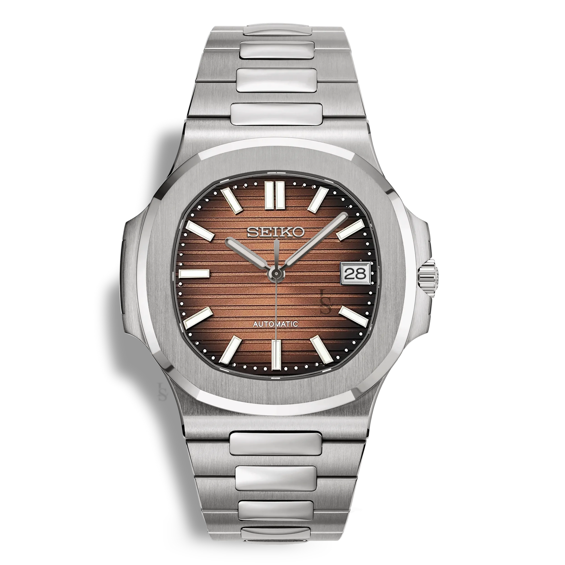 Montre Seiko Mod Nautilus marron, mouvement automatique Seiko NH35 et fond de boîtier transparent