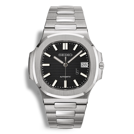 Montre Seiko Mod Nautilus noire avec boîtier 41mm, verre saphir inrayable et mouvement Seiko NH35