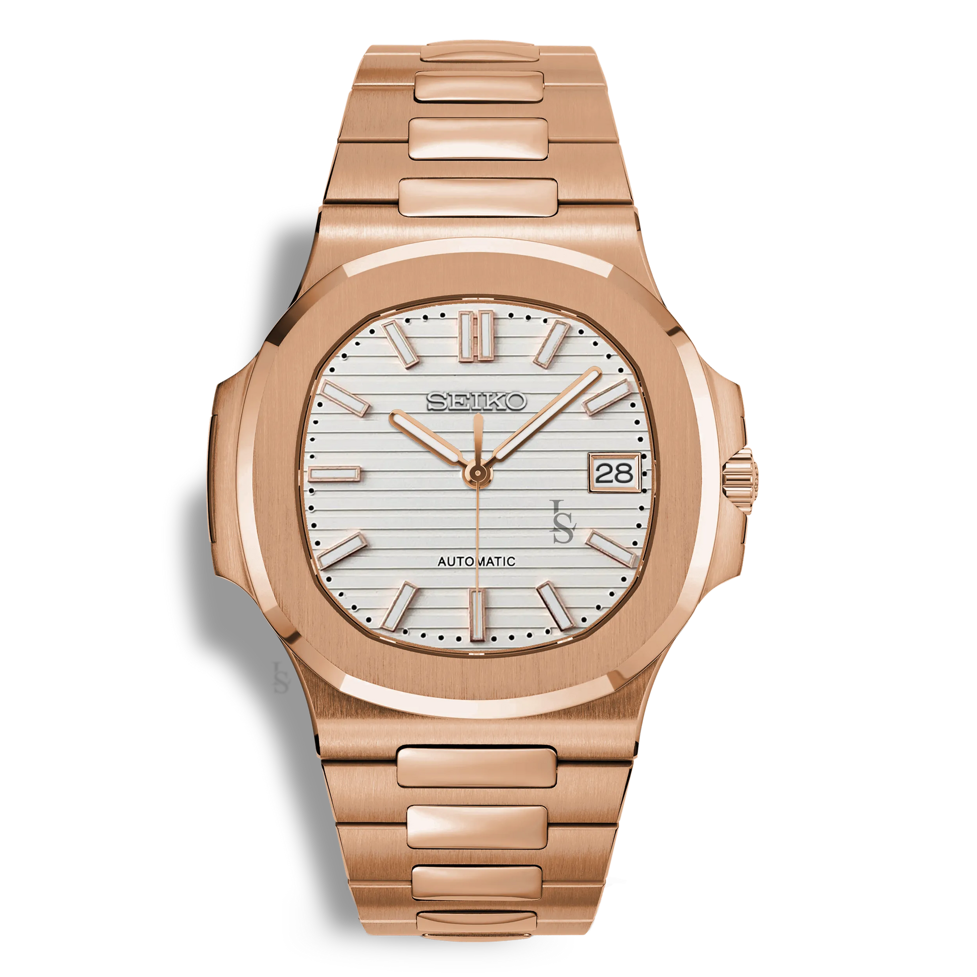 Montre Seiko Mod Nautilus Or Rose avec cadran blanc, mouvement NH35, fond transparent et finition acier poli.