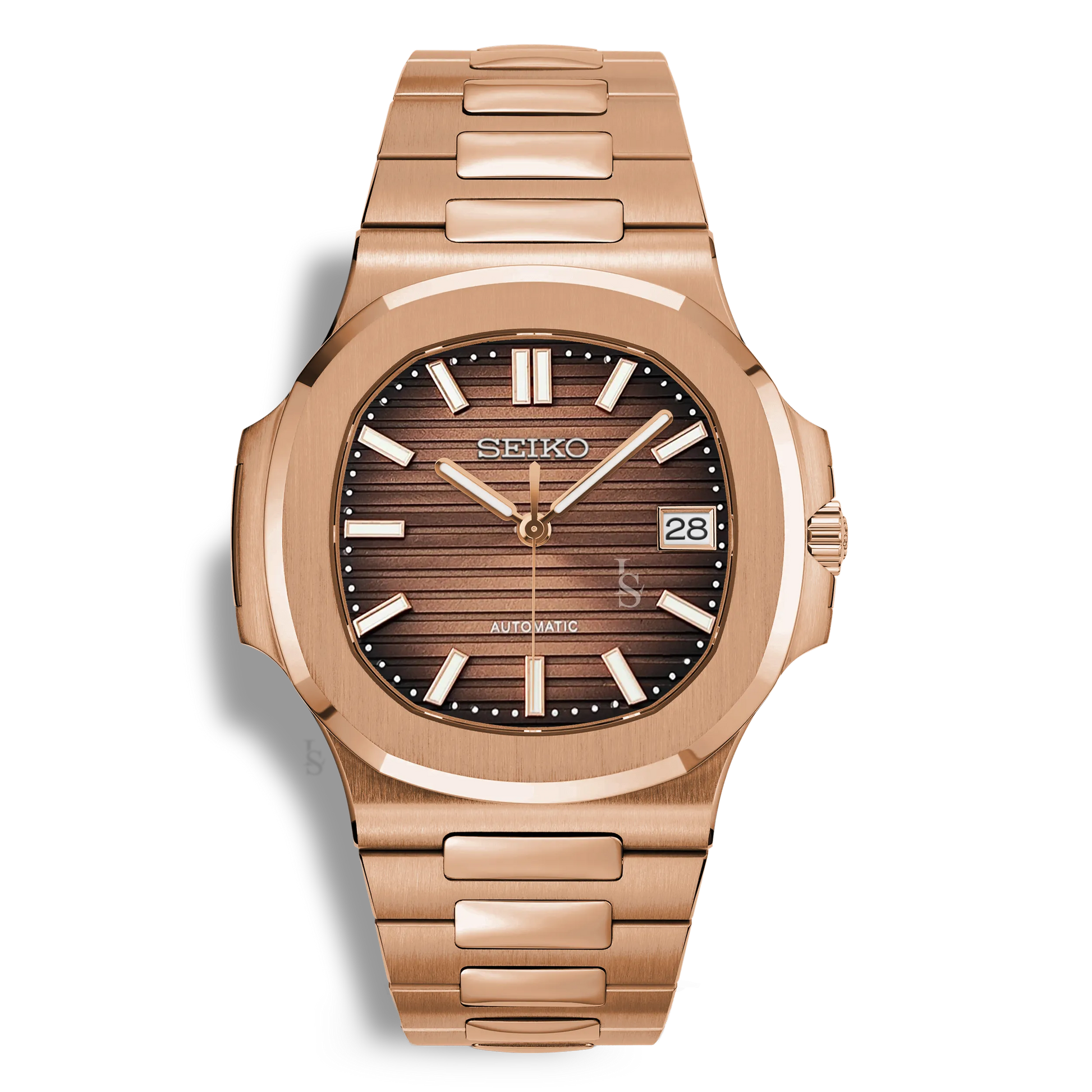 Montre Seiko Mod Nautilus Or Rose avec cadran marron, mouvement automatique NH35 et bracelet enacier 316L teinte or rose