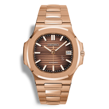 Montre Seiko Mod Nautilus Or Rose avec cadran marron, mouvement automatique NH35 et bracelet enacier 316L teinte or rose