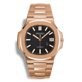 Montre Seiko Mod Nautilus Or Rose équipée du mouvement automatique NH35, cadran noir et verre saphir inrayable.