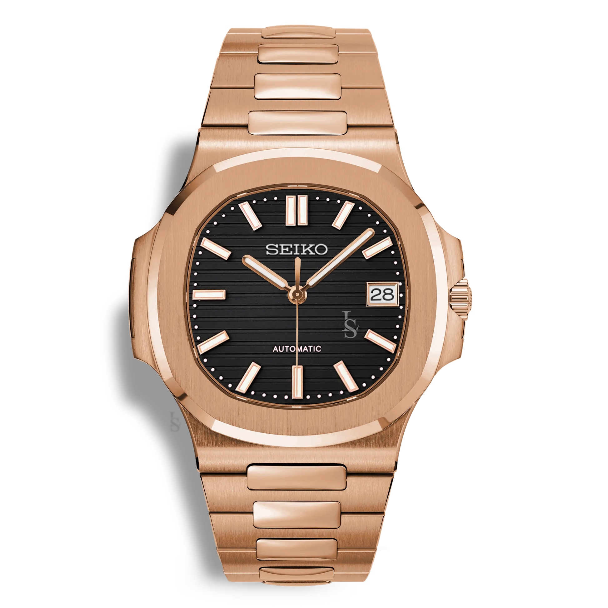 Montre Seiko Mod Nautilus Or Rose équipée du mouvement automatique NH35, cadran noir et verre saphir inrayable.